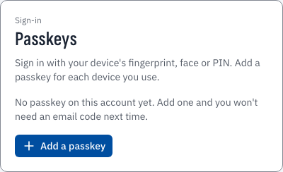 The Passkeys section of the account page, with no passkeys listed yet and an Add a passkey button.
